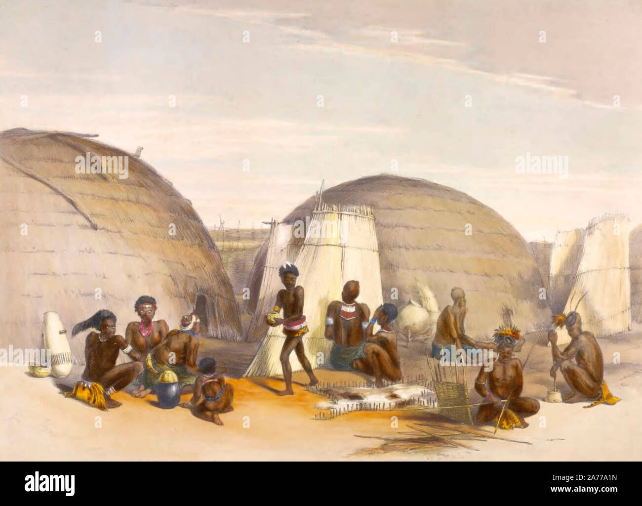 Scene in a Zulu Kraal with huts and screens, South Africa, circa 1849 Stock Photo