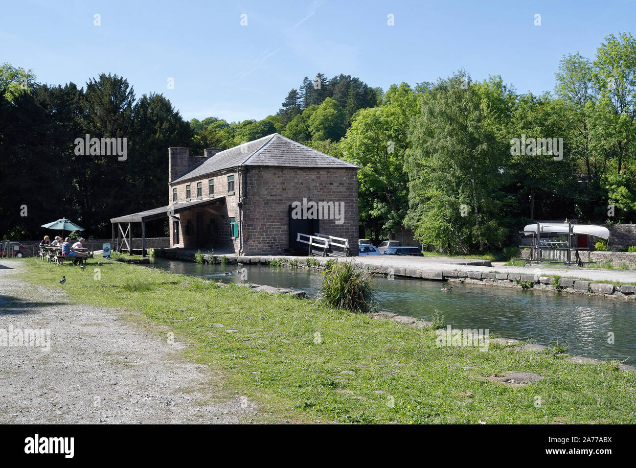 Cromford Canal Wharf Derbyshire, England UK restored waterway Arkwrights mill Historical Derwent valley world heritage site listed building Stock Photo