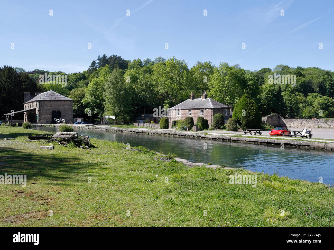 Cromford Canal Wharf Derbyshire, England UK restored waterway Arkwrights mill Historical Derwent valley world heritage site Stock Photo