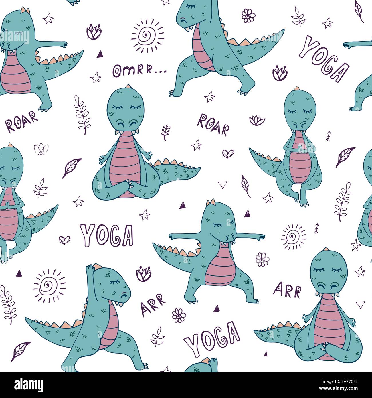 Dinosaur in yoga asanas, hand drawn vector seamless pattern Stock Vector