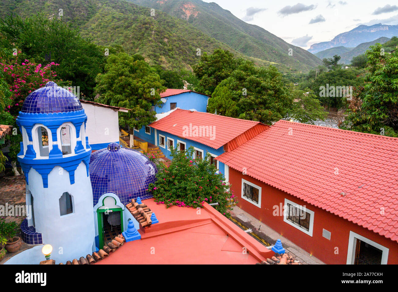 The Magic Town of Batopilas in the Copper Canyon region of Chihuahua, Mexico is known for its colorful architecture. Stock Photo