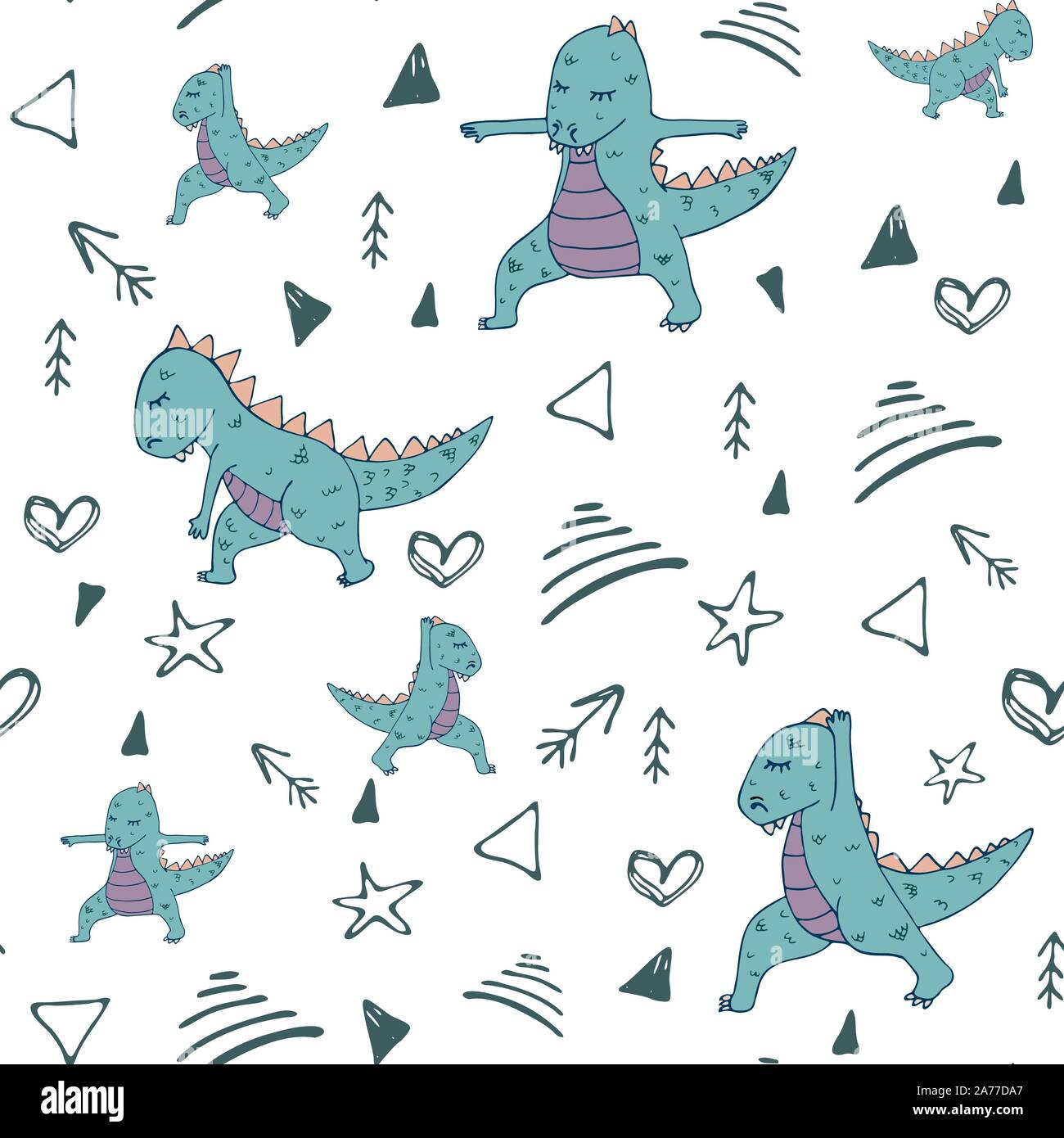 Dinosaur in yoga asanas, hand drawn vector seamless pattern Stock Vector