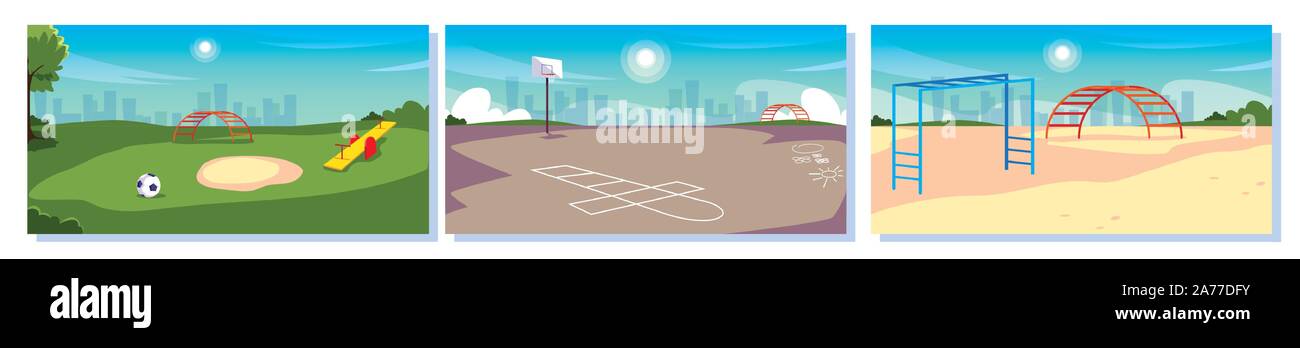 set of kids playgrounds with landscape of city vector illustration ...