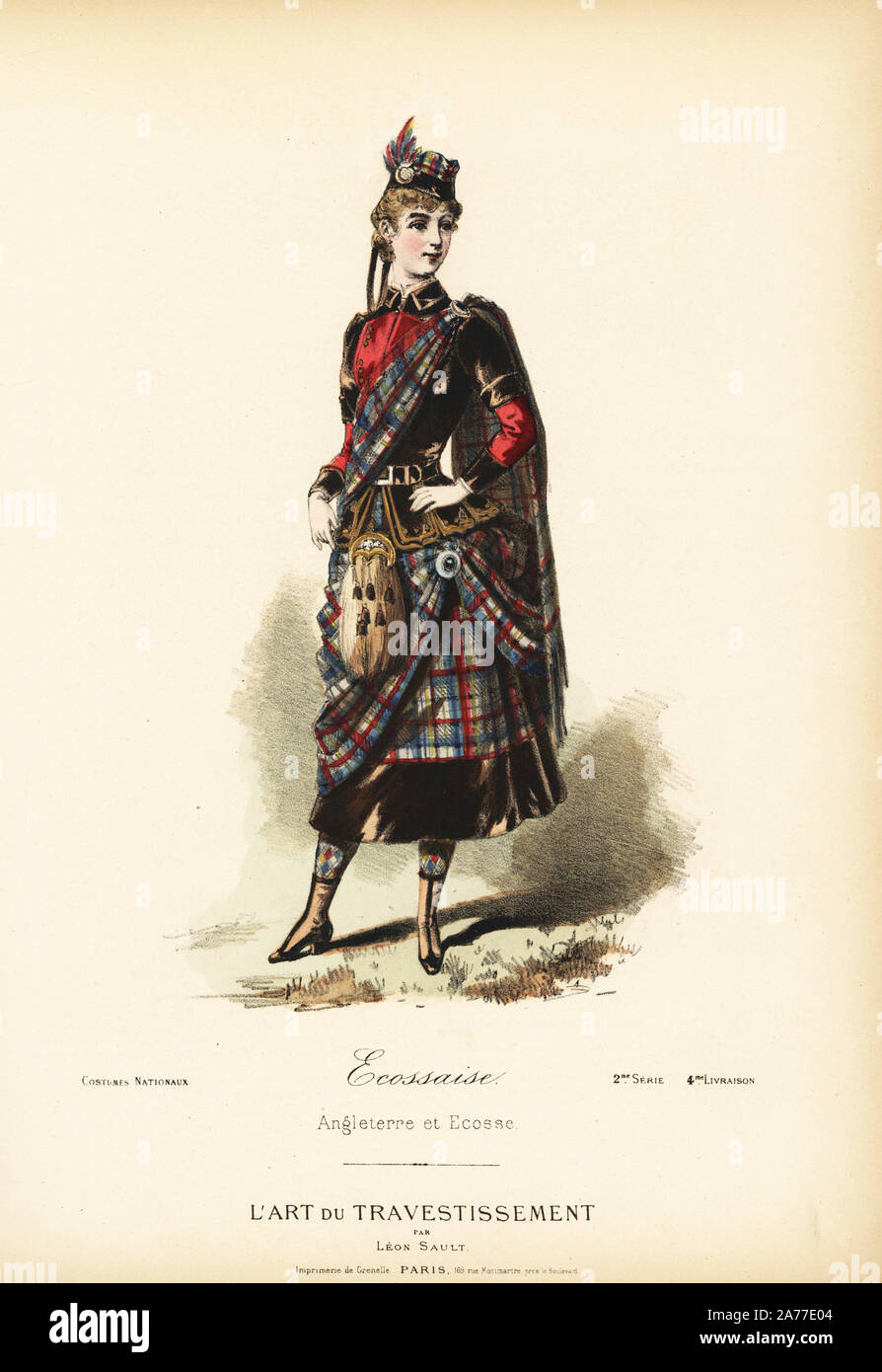 Costume of a Scottish woman, 19th century. Handcoloured lithograph after a design by Leon Sault from "L'Art du Travestissement" (The Art of Fancy Dress), Paris, c.1880. Sault was a theatre and opera Costume of a Scottish woman, 19th century. Handcoloured lithograph after a design by Leon Sault from "L'Art du Travestissement" (The Art of Fancy Dress), Paris, c.1880. Sault was a theatre and opera