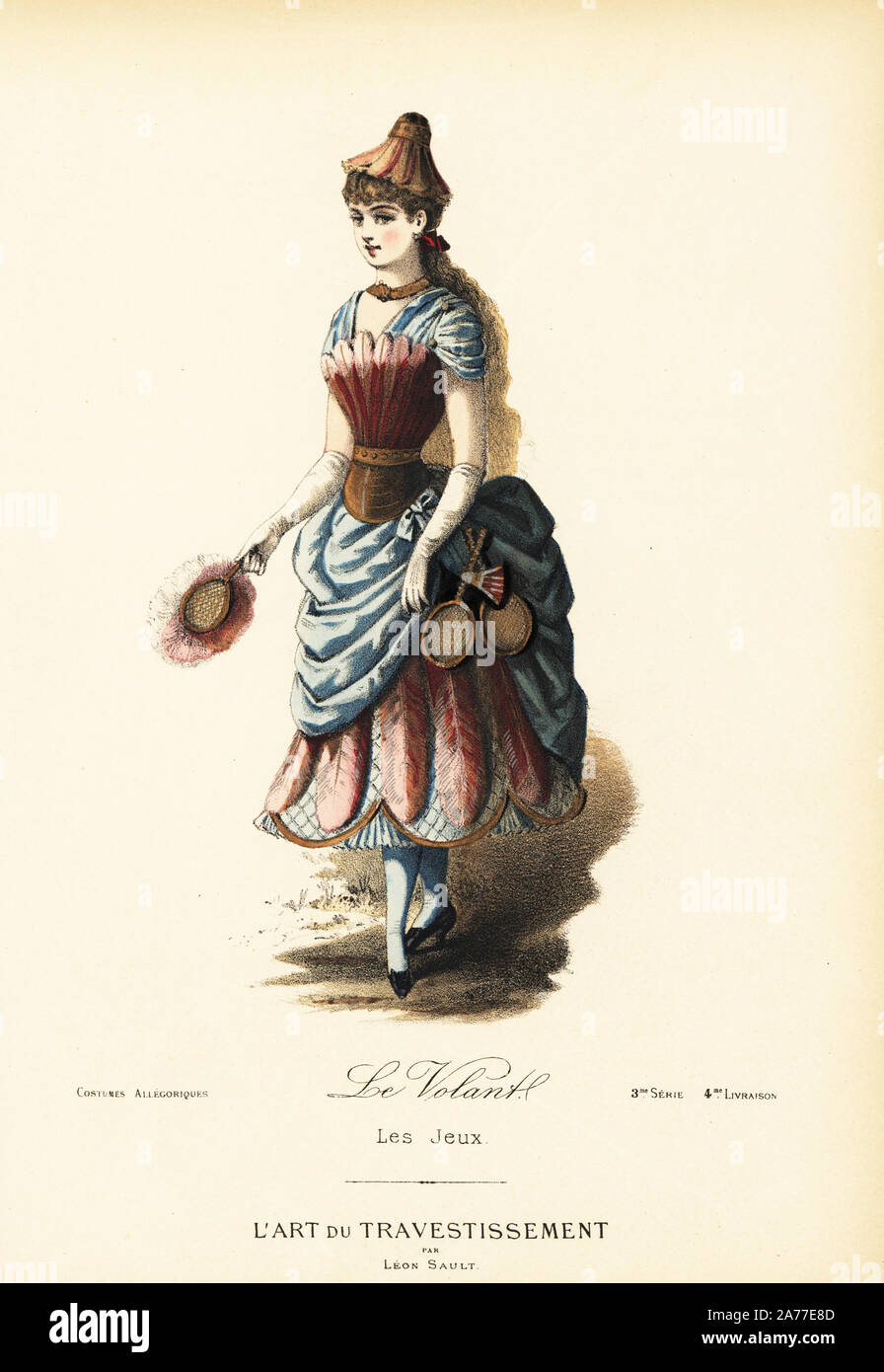 Fancy dress costume of the game of badminton, with dress of racquets,  shuttlecocks and feathers. Handcoloured lithograph after a design by Leon  Sault from "L'Art du Travestissement" (The Art of Fancy Dress),
