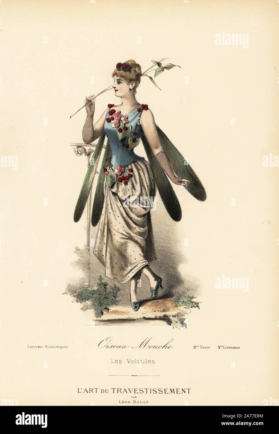 Fancy dress costume of a hummingbird, with winged dress, bodice decorated  with flowers. Handcoloured lithograph after a design by Leon Sault from  "L'Art du Travestissement" (The Art of Fancy Dress), Paris, c.1880.