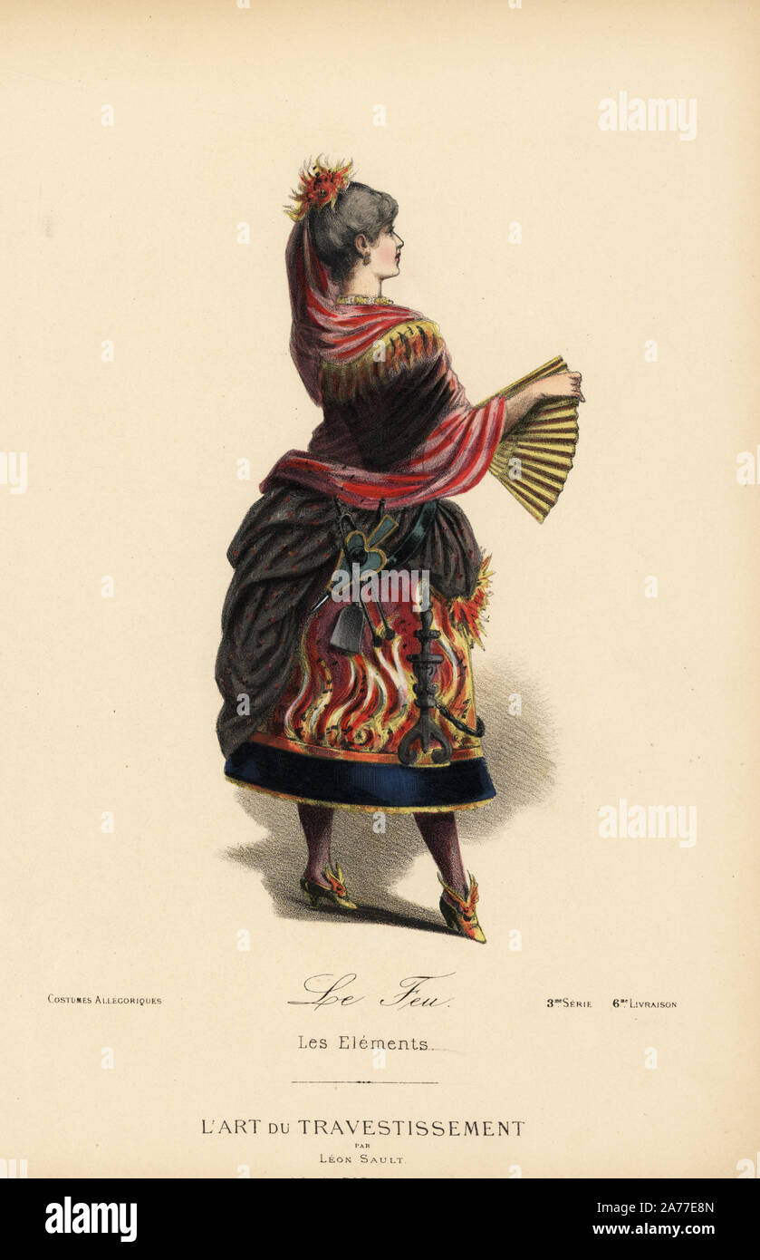 Allegorical costume as the element fire, with skirt and shawl decorated with flame pattern, bellows, tongs and brush on her belt. Handcoloured lithograph after a design by Leon Sault from 'L'Art du Travestissement' (The Art of Fancy Dress), Paris, c.1880. Sault was a theatre and opera designer and luxury fashion magazine publisher. Stock Photo