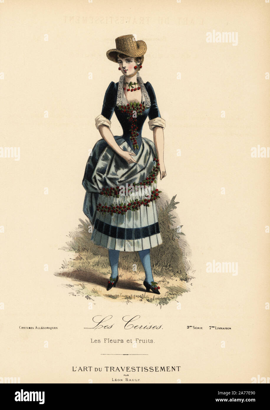 Fancy dress costume for a Cherry girl, with cherry earrings, straw hat,  velvet bodice decorated with cherries, and skirts with cherry garlands.  Handcoloured lithograph after a design by Leon Sault from "L'Art