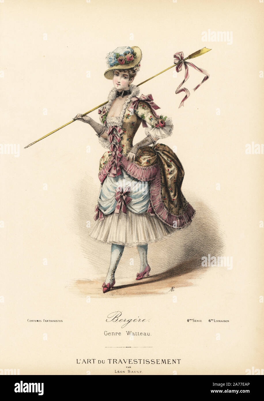Fancy dress costume of a shepherdess in the Watteau style. Straw hat, silk dress embroidered with flowers, petticoats and ribbons. Handcoloured lithograph after a design by Leon Sault from 'L'Art du Travestissement' (The Art of Fancy Dress), Paris, c.1880. Sault was a theatre and opera designer and luxury fashion magazine publisher. Stock Photo