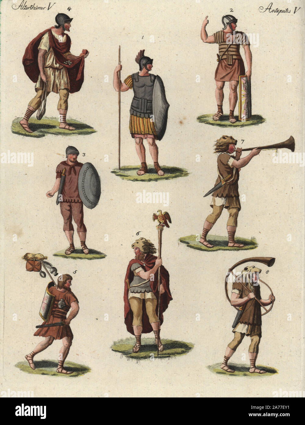 Heavily armed Roman legionnaires 1,2, lightly armed soldiers 3,4, Roman soldier with pack on a march 5, eagle bearer 6 and trumpet and horn players 7,8. Handcoloured copperplate engraving from Friedrich Johann Bertuch's Bilderbuch fur Kinder (Picture Book for Children), Weimar, 1795. Stock Photo