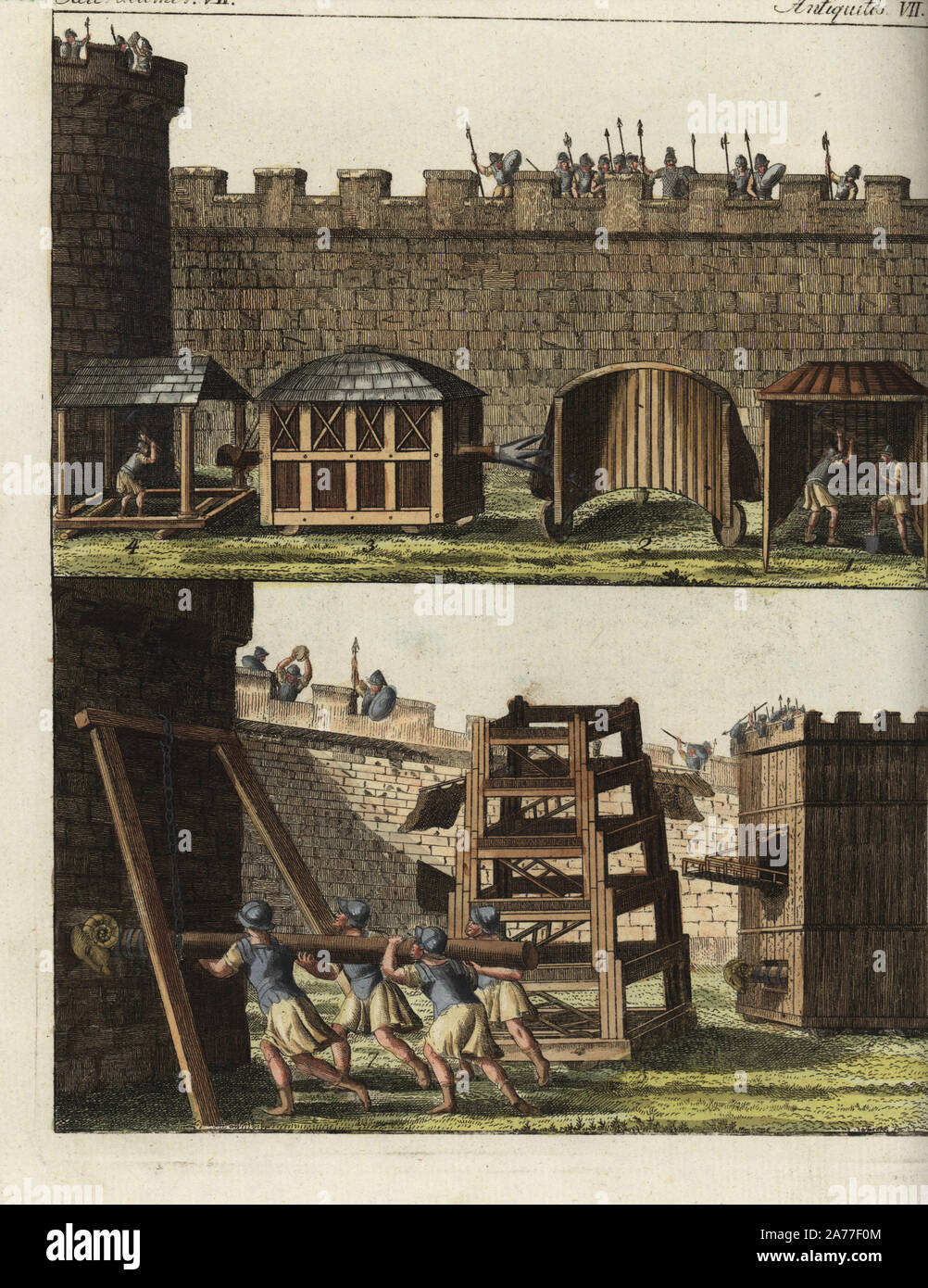 Roman siege engines: shelter for sappers digging a tunnel, Vineae 1, semi-circular shelter Pluteus 2, shelter Testudo with battering ram Aries 3, shelter on rolling cylinders Musculus 4, siege tower or the Taker of Cities, Helepolis 5, five-storey tower Sambucae 6, and battering ram on chains Aries 7. Handcoloured copperplate engraving from Friedrich Johann Bertuch's Bilderbuch fur Kinder (Picture Book for Children), Weimar, 1795. Stock Photo