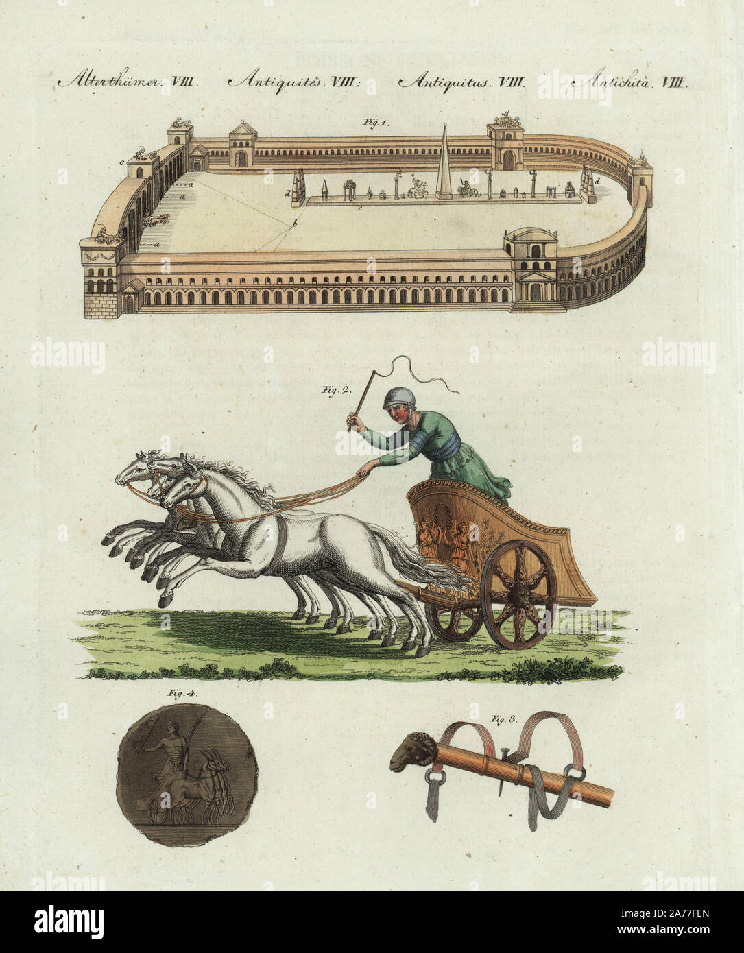 Ancient Roman Circus or games arena 1, four-horse chariot or quadriga 2, chariot yoke with ram's head 3, and bronze medal to honour the victor 4. Handcoloured copperplate engraving from Friedrich Johann Bertuch's Bilderbuch fur Kinder (Picture Book for Children), Weimar, 1802. Stock Photo