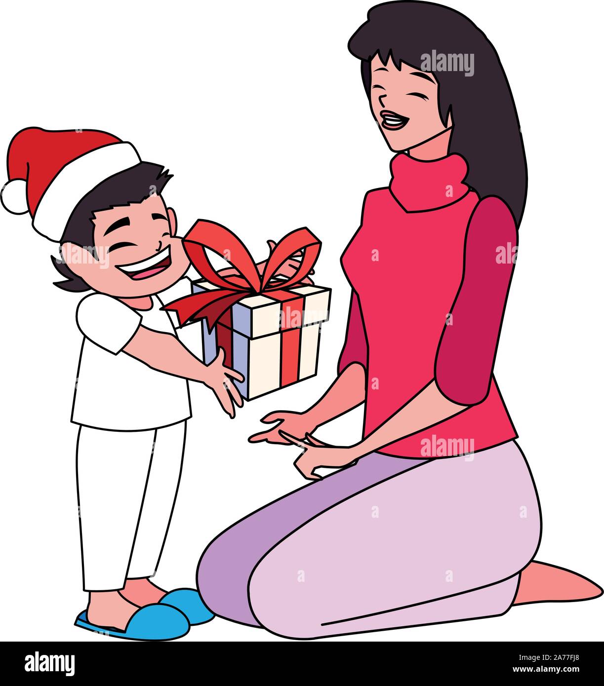 Mother and son with santas hat design, Merry christmas season