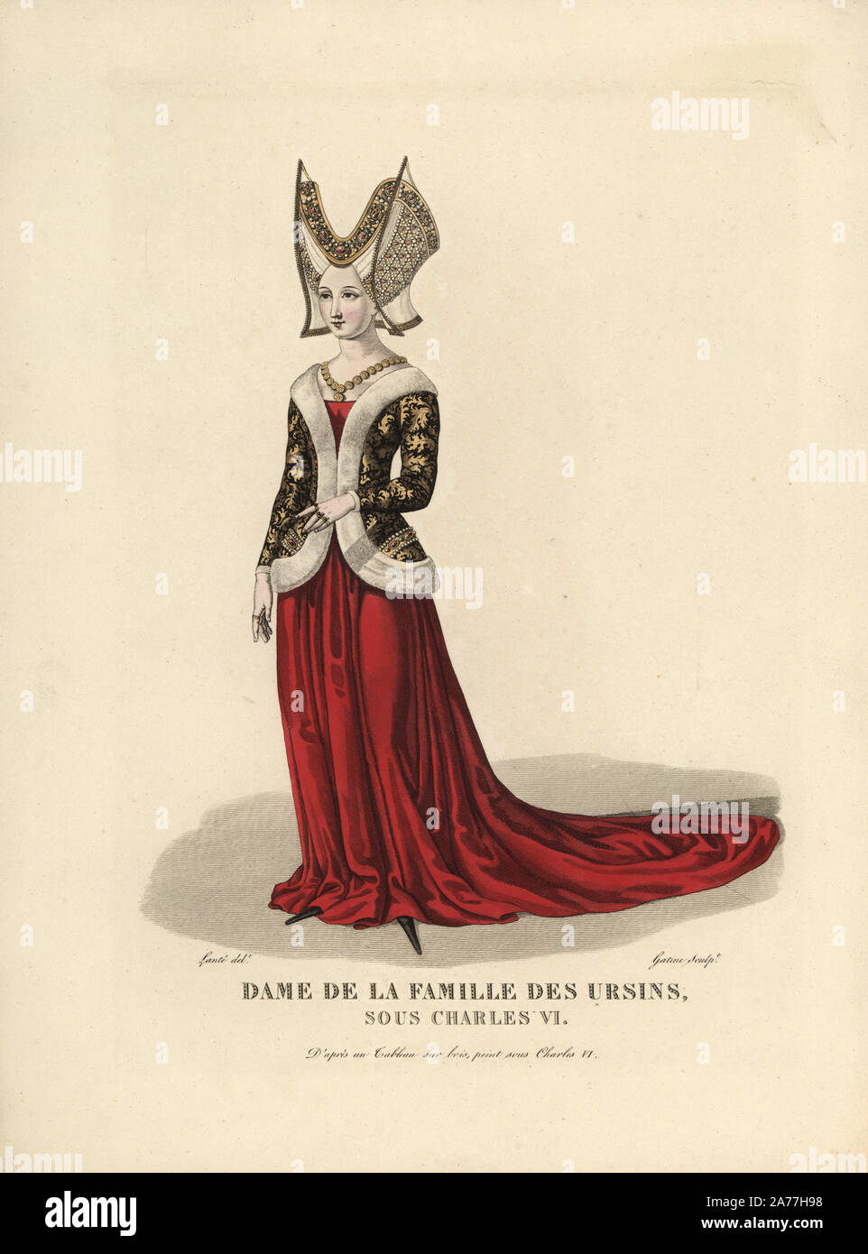 Lady of the noble Ursin family under King Charles VI of France, 14th century. After a contemporary painting on wood. Handcoloured copperplate engraving by Gatine after an illustration by Louis Marie Lante from Pierre de la Mesangere's 'Costumes des femmes celebres' (Costumes of Famous Women), Paris, 1827. Stock Photo