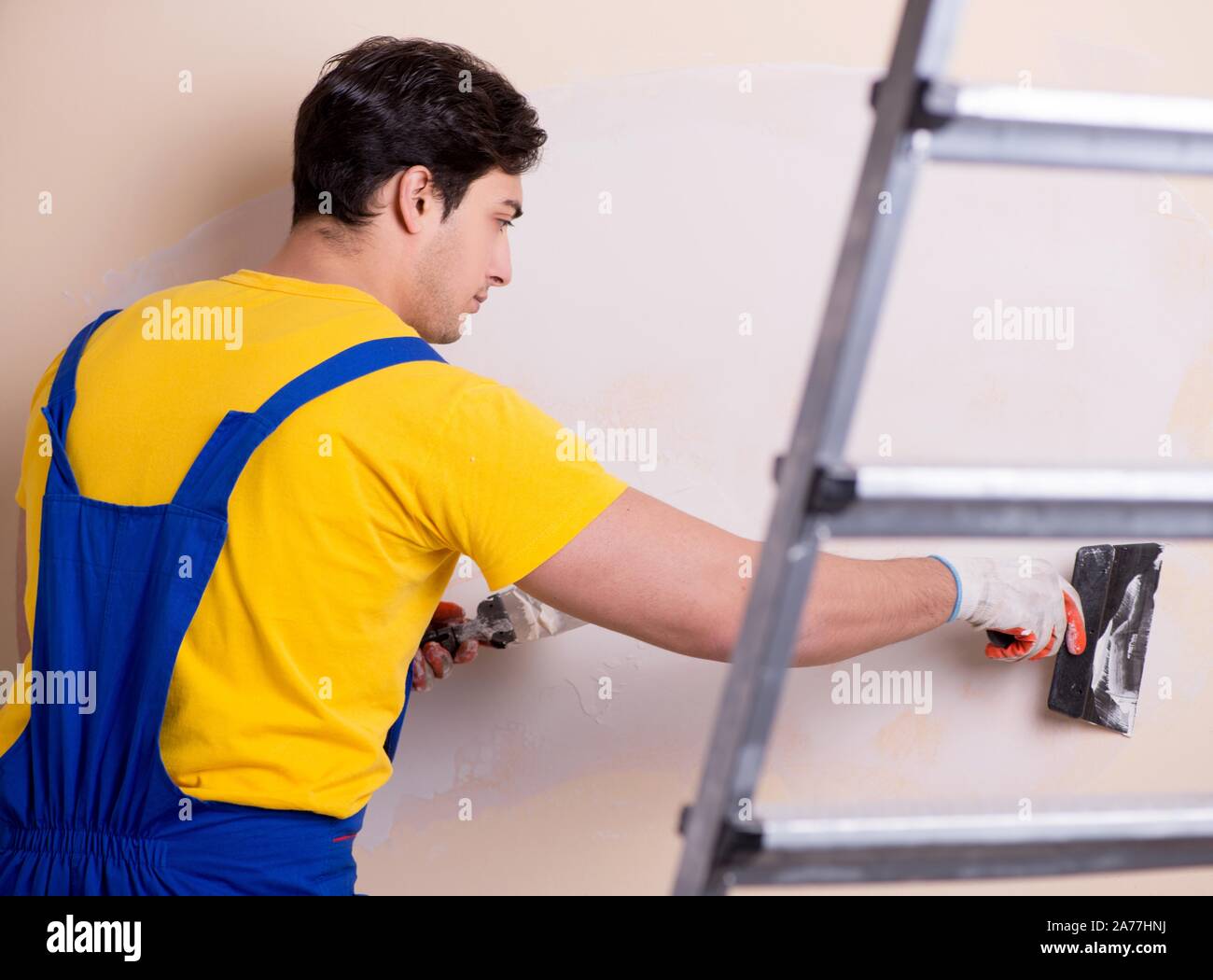 The young contractor employee applying plaster on wall Stock Photo
