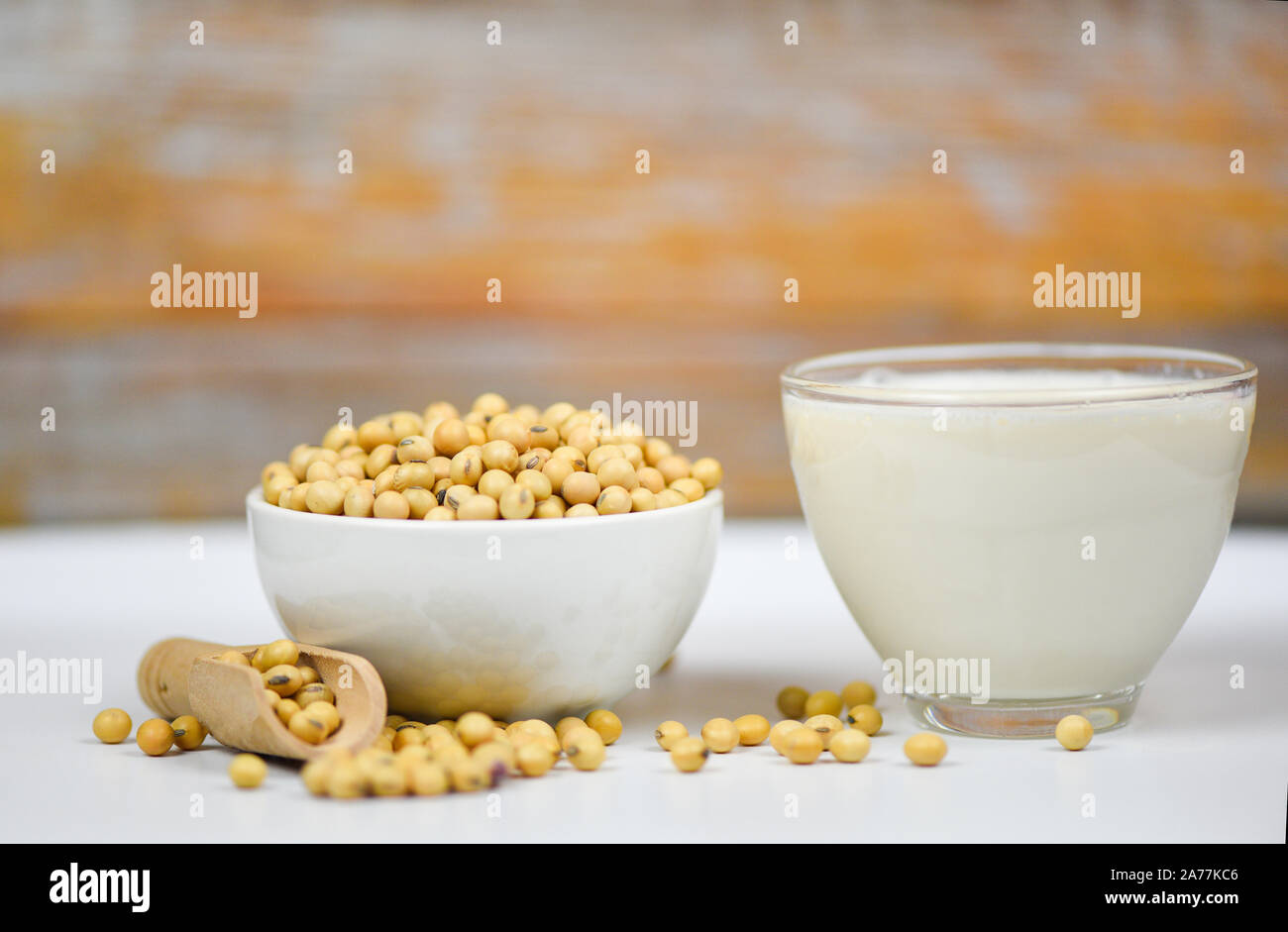 Soybean and dried soy beans on white bowl / Soy milk in glass for healthy diet drink and natural bean protein Stock Photo