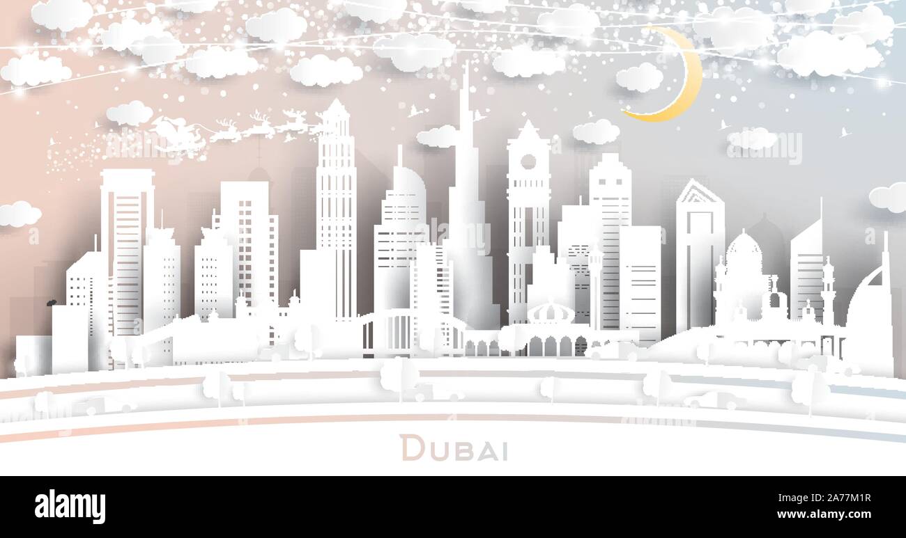 Dubai UAE City Skyline in Paper Cut Style with Snowflakes, Moon and