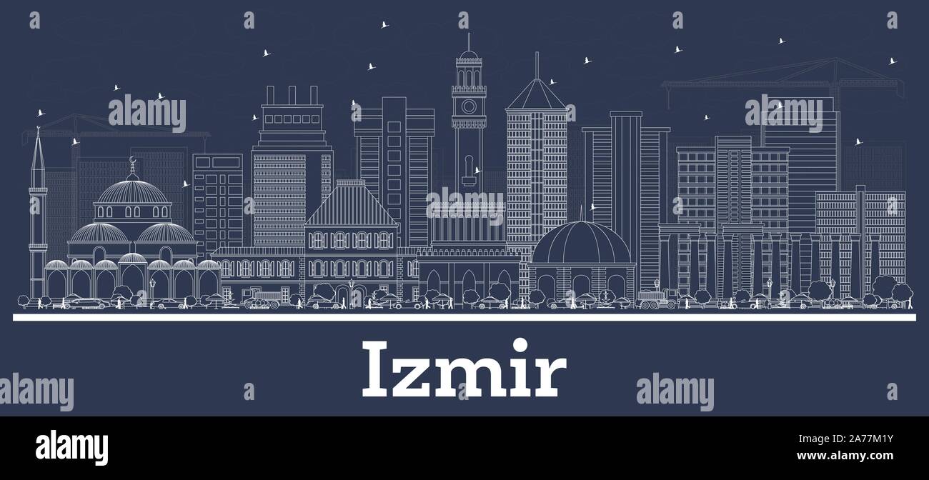 Outline Izmir Turkey City Skyline with White Buildings. Vector Illustration. Business Travel and Concept with Historic Architecture. Izmir Cityscape. Stock Vector