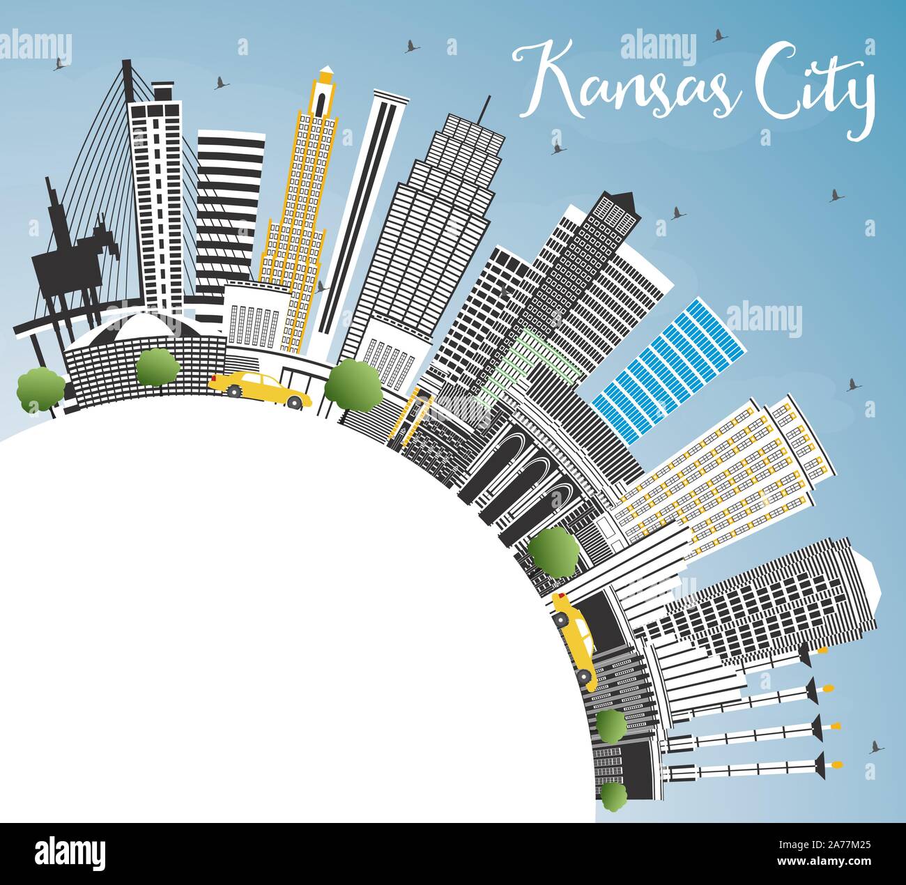 Kansas City Missouri Skyline with Color Buildings, Blue Sky and Copy