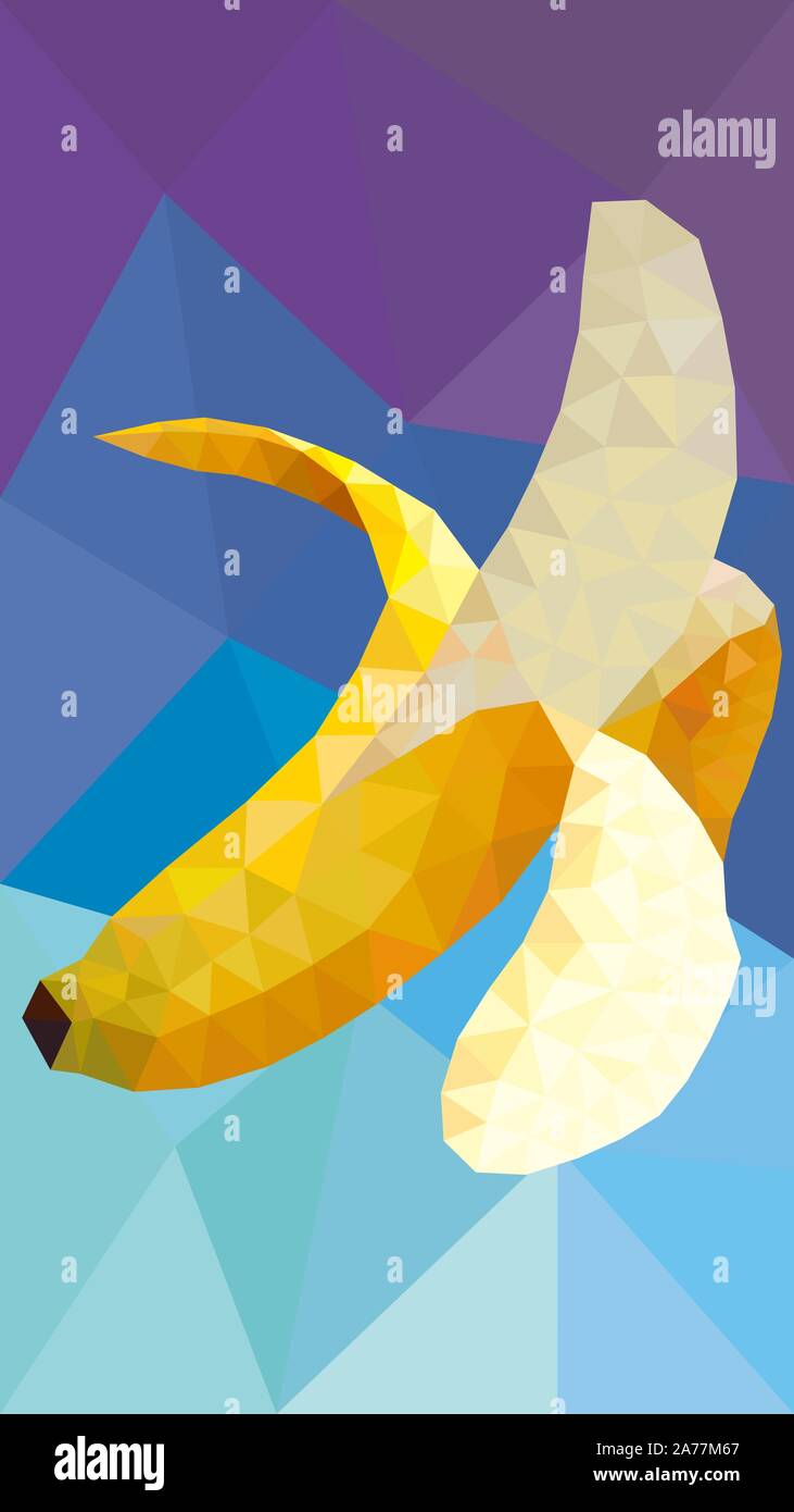 Peeled yellow banana low poly vector for 16:9 cell phone screen background Stock Vector