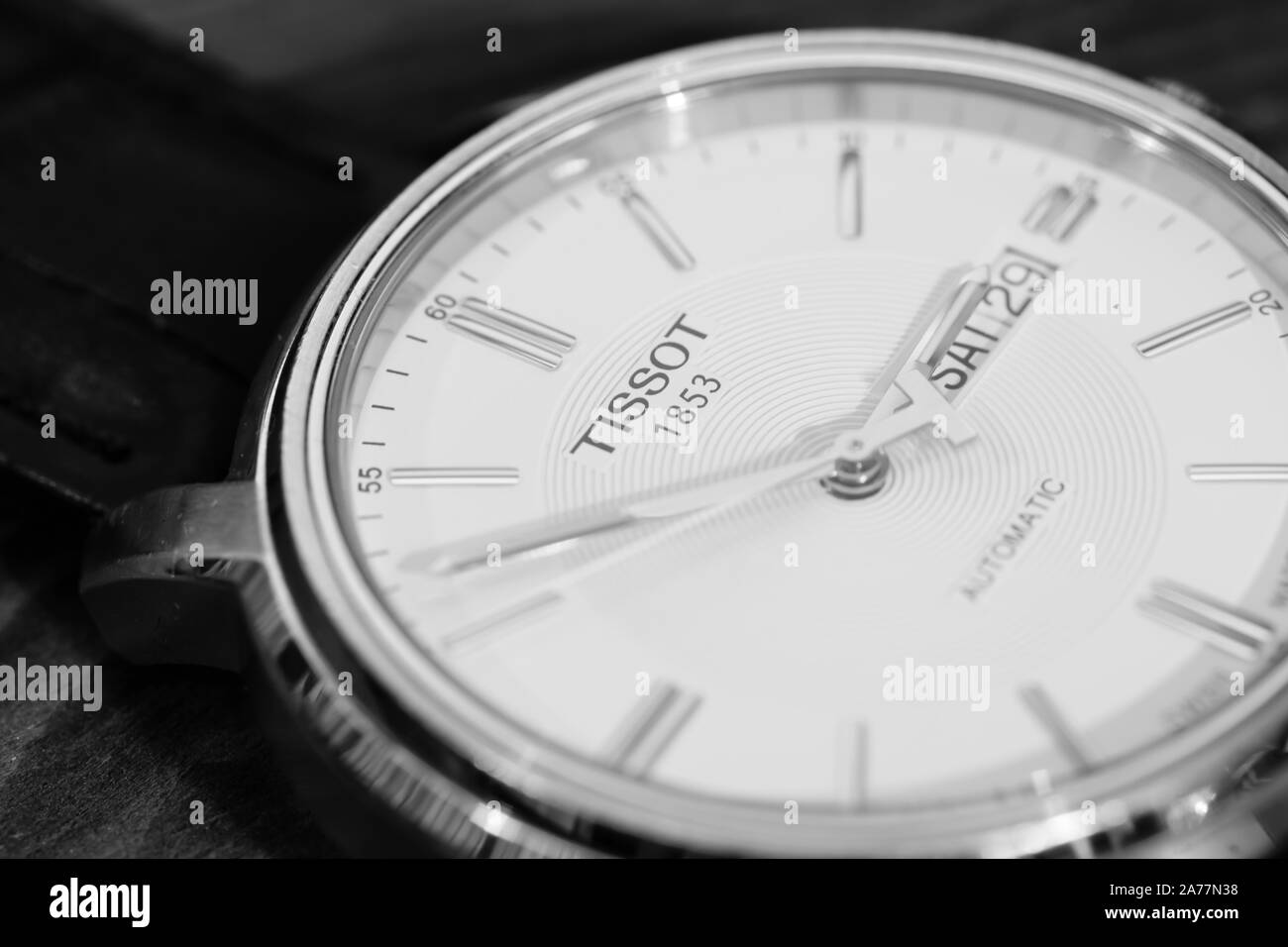 Singapore-11 MAR 2018:The Tissot Automatic watch on black background. Tissot is a luxury Swiss watchmaking company founded in Switzerland. Stock Photo