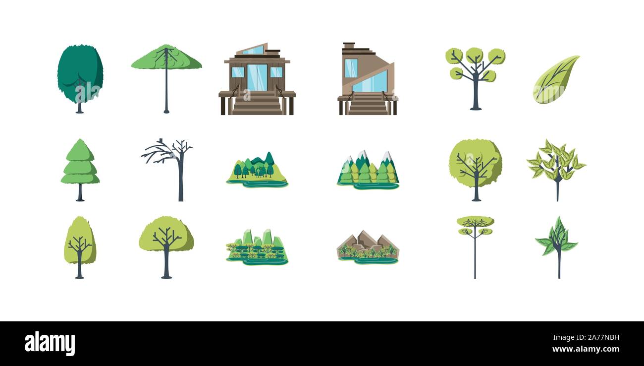 trees and houses icon set pack, High Quality variety symbols Vector ...