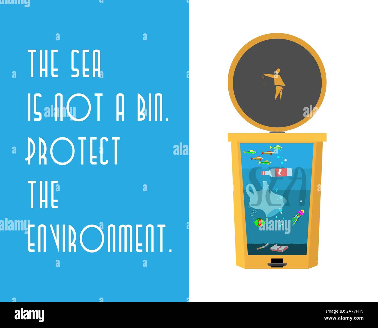 Environmental protection concept. The sea in the form of a garbage can and an inscription about the ban to throw garbage into the sea. Stock Vector