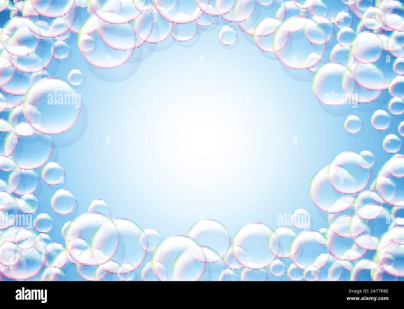Soap bubbles abstract blue background with rainbow colored airy foam ...