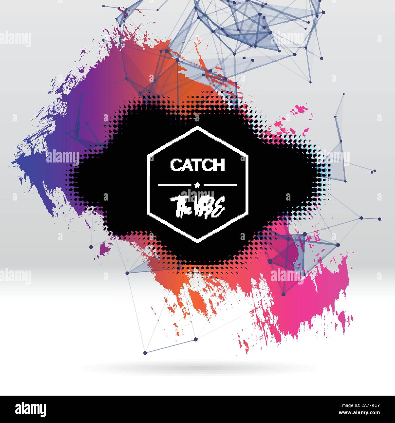 Background with brush stroke, blot, triangular grid and label Stock Vector