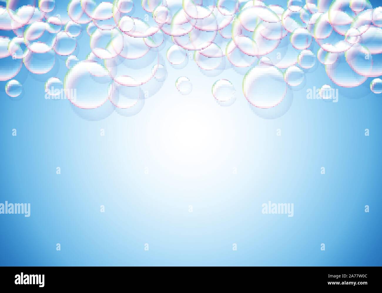 Soap bubbles abstract blue background with rainbow colored airy foam ...