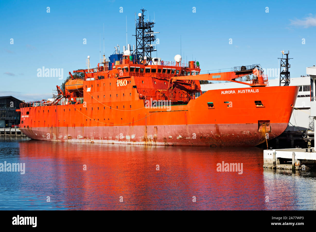 Hobart Australia / The Aurora Australis berthed in Hobart Tasmania.The ship is used for Antarctic research and transport supplies to Australian bases Stock Photo