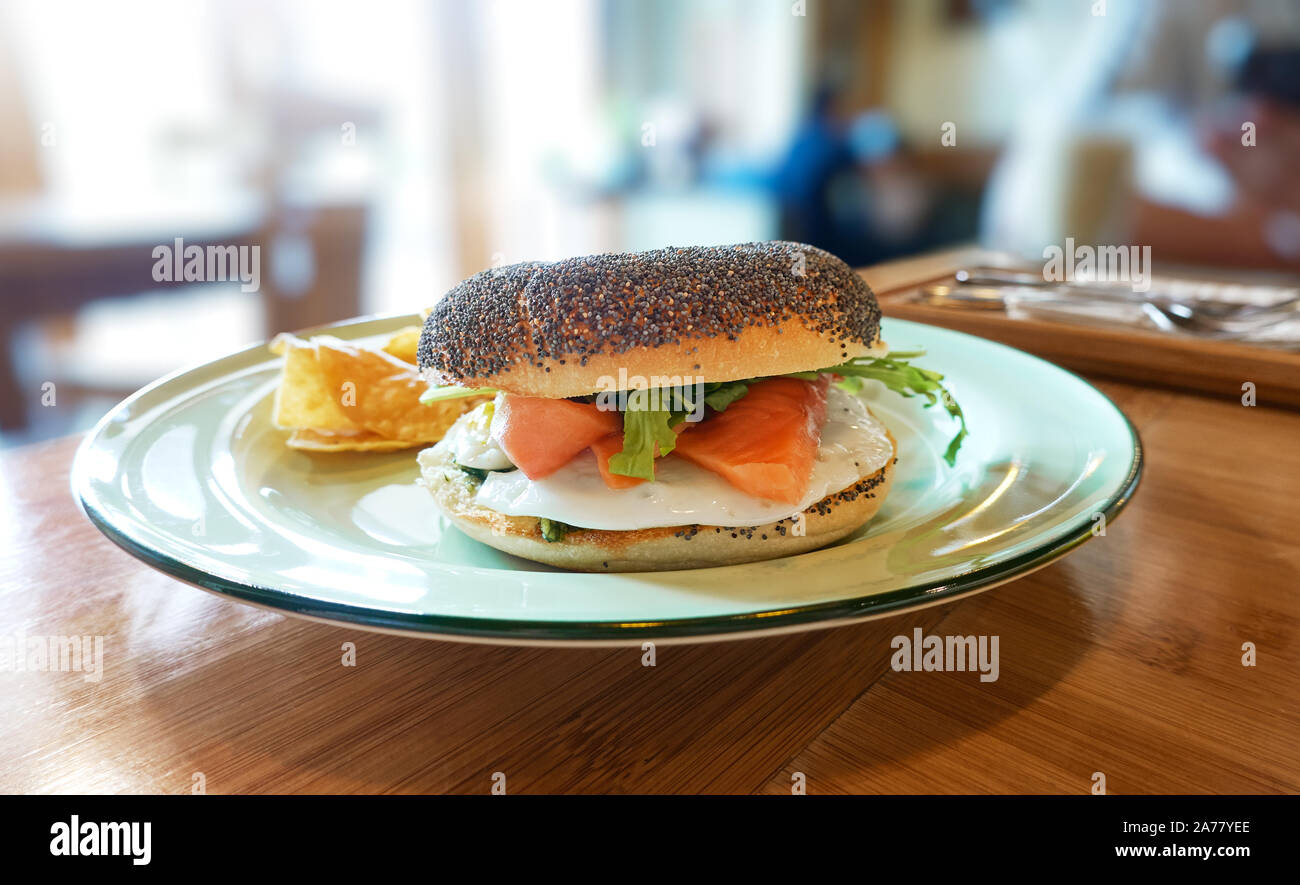 Breakfast - Toasted bagel with salmon Stock Photo