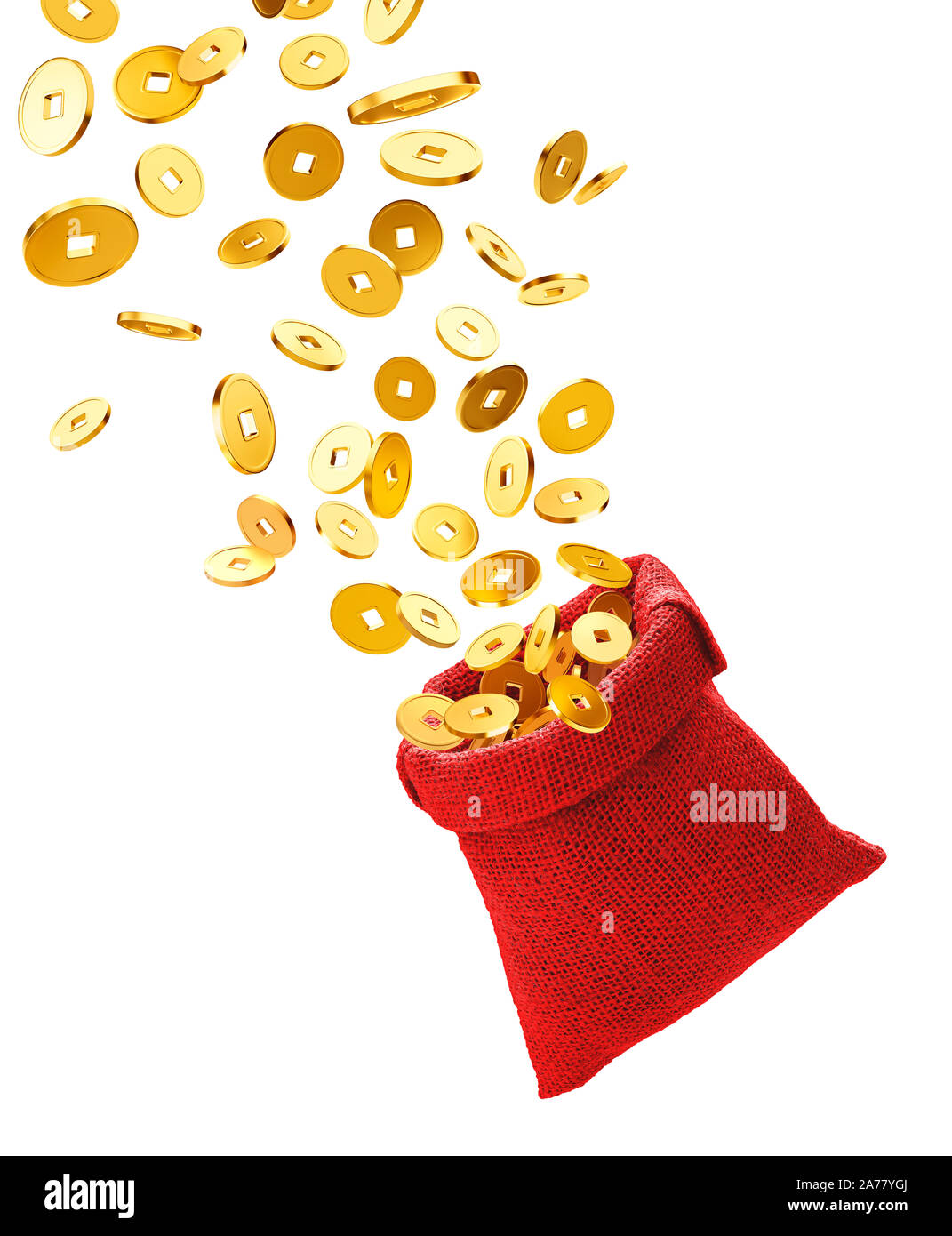 Burlap sack full with chinese gold coins isolated on white background - 3D Rendering Stock Photo