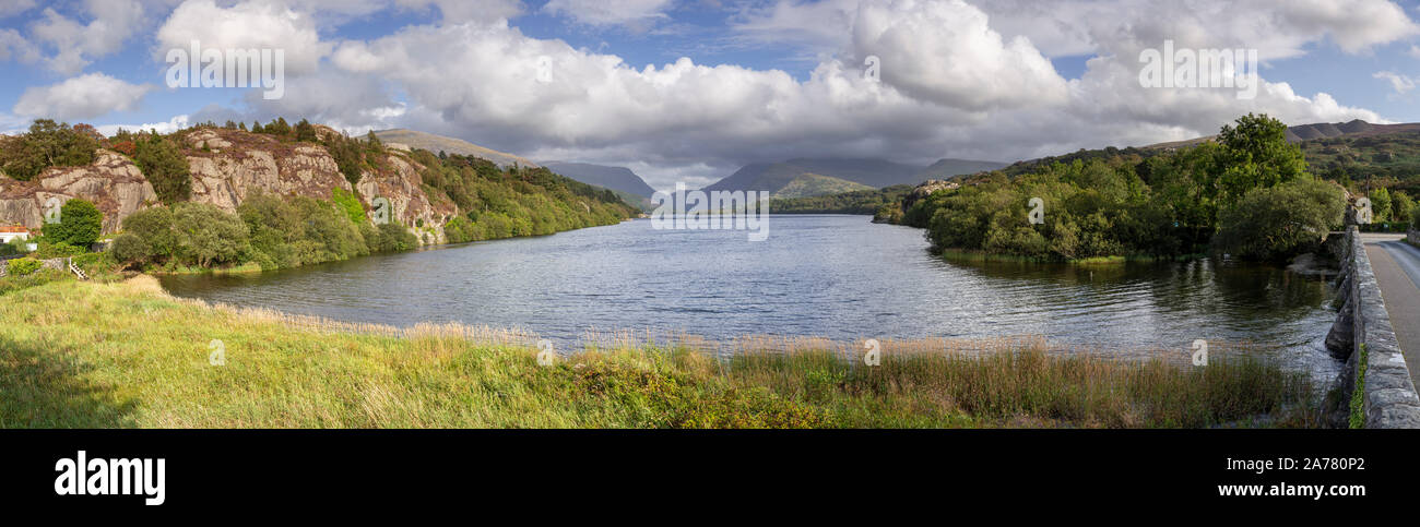 Panoramic view over Llyn Padarn, Snowdonia, North Wales on a sunny day Stock Photo
