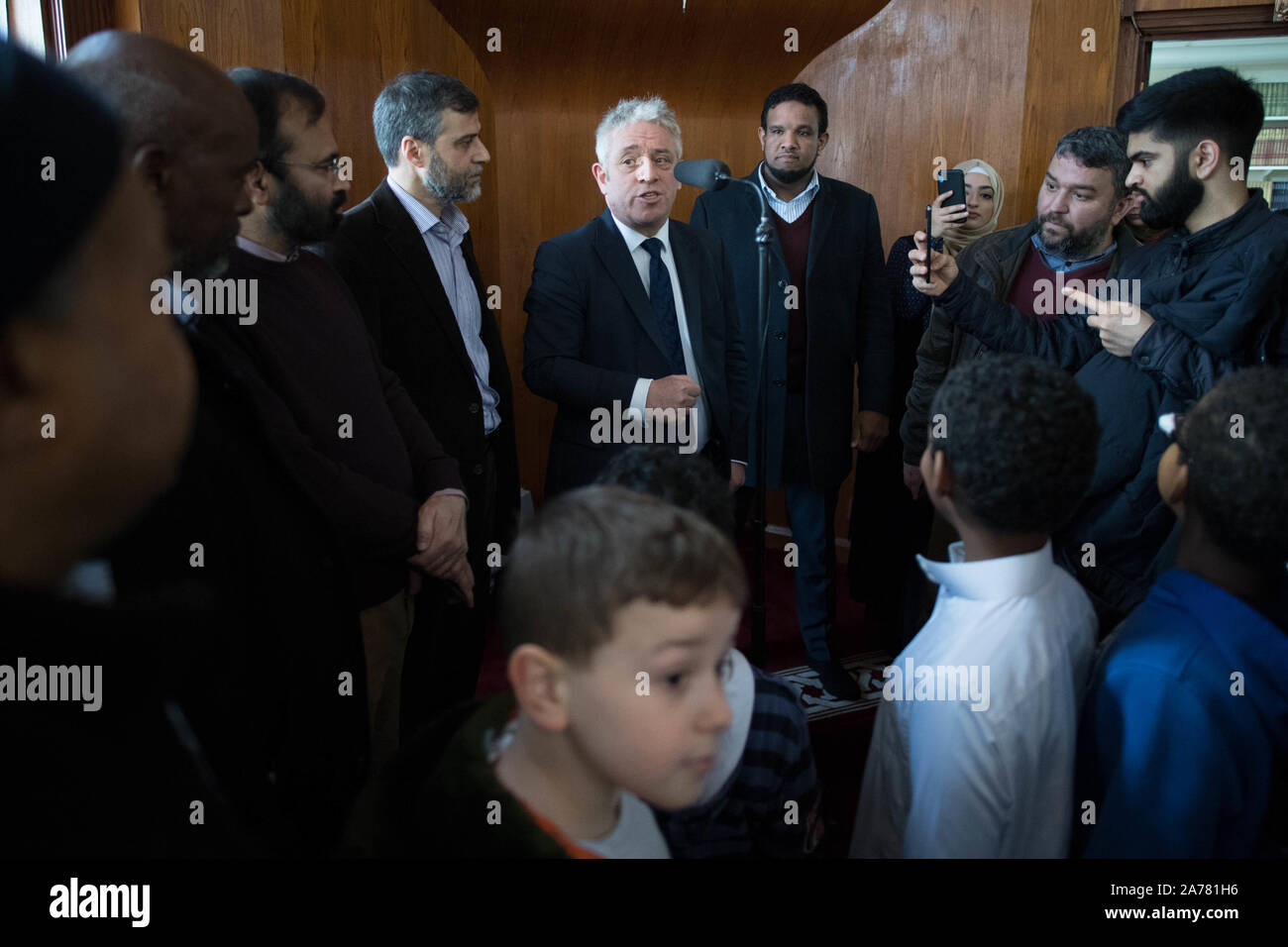 Speaker of the House of Commons, John Bercow meeting worshippers at Finsbury Park Mosque in north London where he leant his support to the Muslim community after an attack on two mosques in New Zealand killing 50 people. The Speaker, who has served ten years in the post intends to stand down before the next election. 17/03/19 Stock Photo