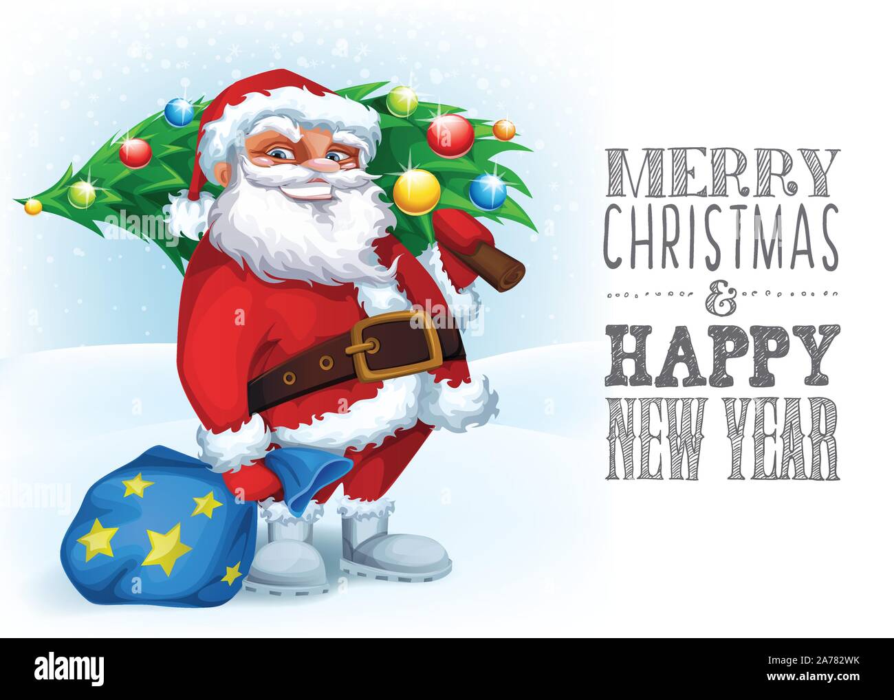 Merry Christmas card with Funny Santa with a tree and gifts Stock Vector  Image & Art - Alamy