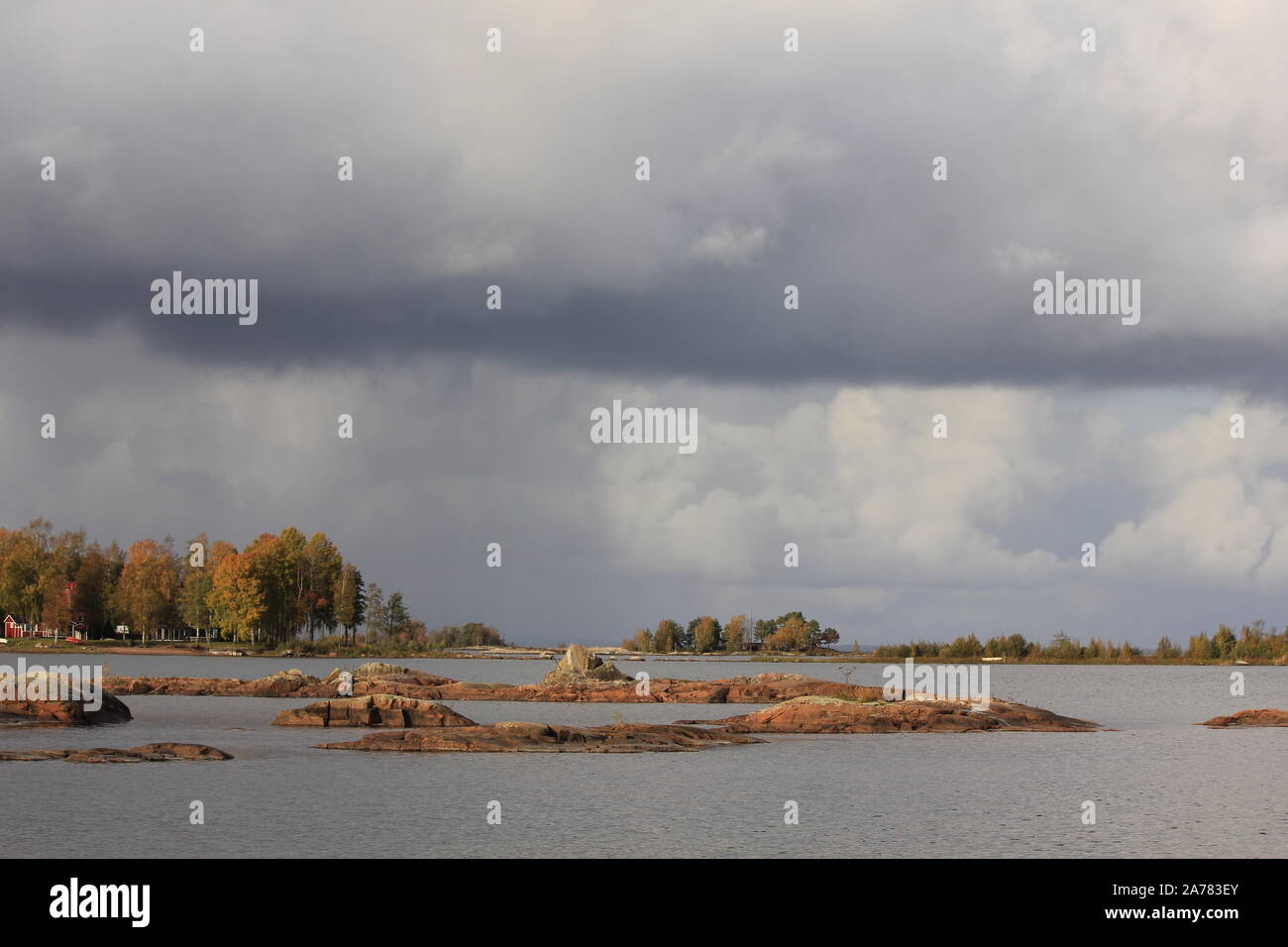 Autumn scene at the shore of Lake Vanern, Sweden. . Stock Photo