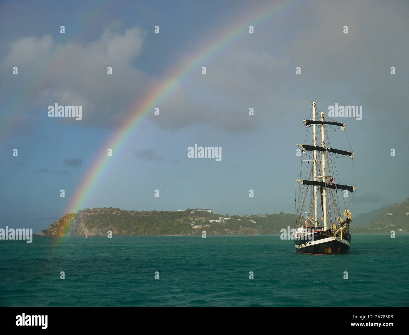 La Malouine, French Brigantine Tall Ship, Falmouth Harbour, Antigua, Caribbean, West Indies Stock Photo