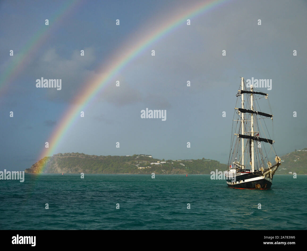 La Malouine, French Brigantine Tall Ship, Falmouth Harbour, Antigua, Caribbean, West Indies Stock Photo