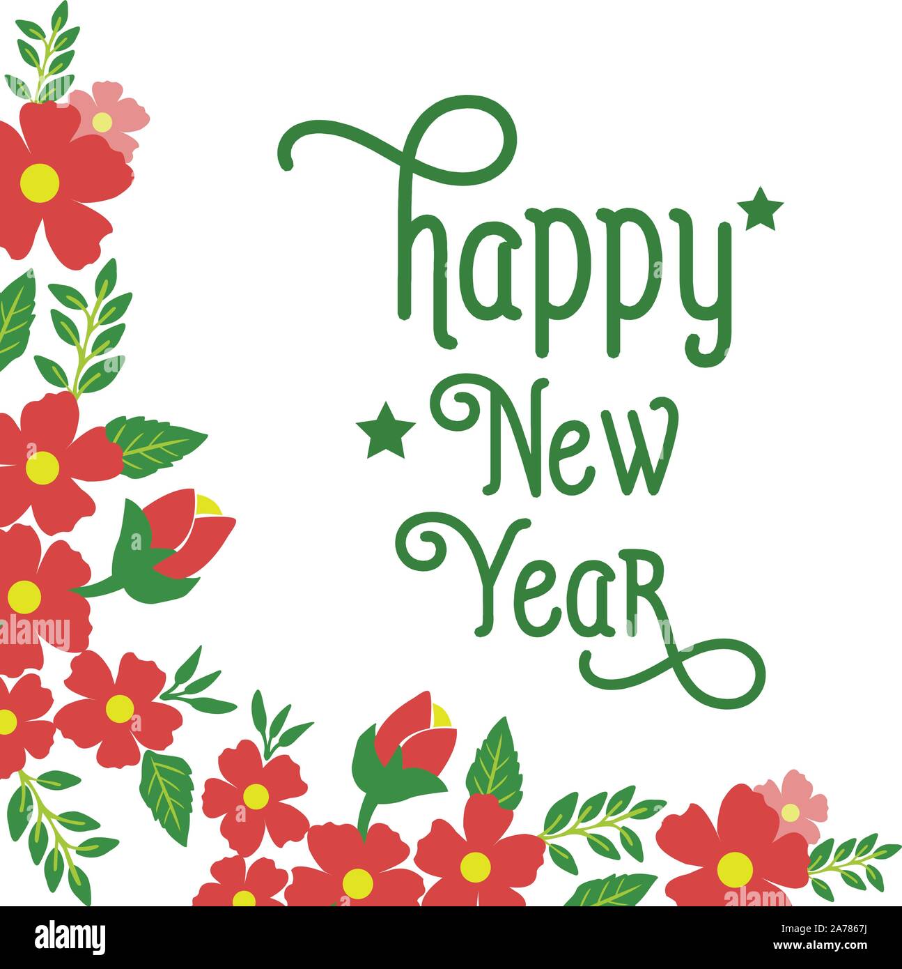 Card happy new year with bright red flower frame design. Vector Stock ...