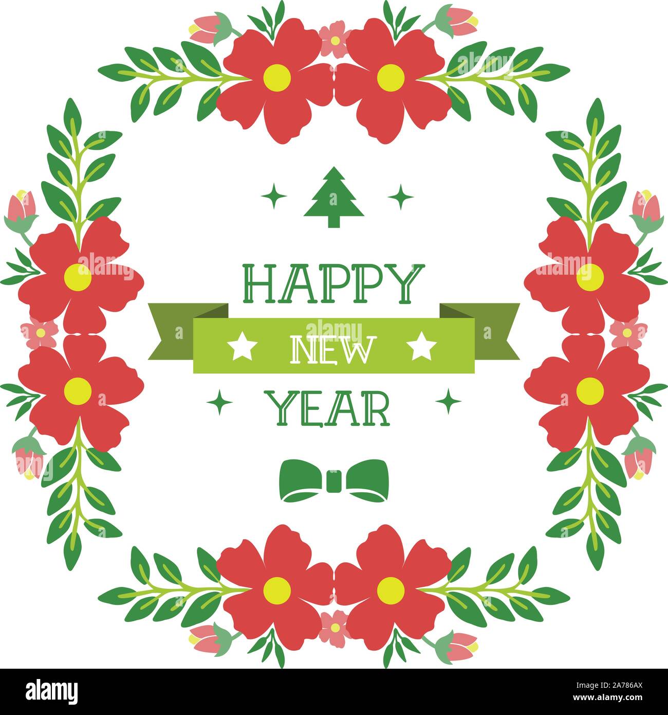 Text happy new year, with beautiful green leafy flower frame. Vector ...