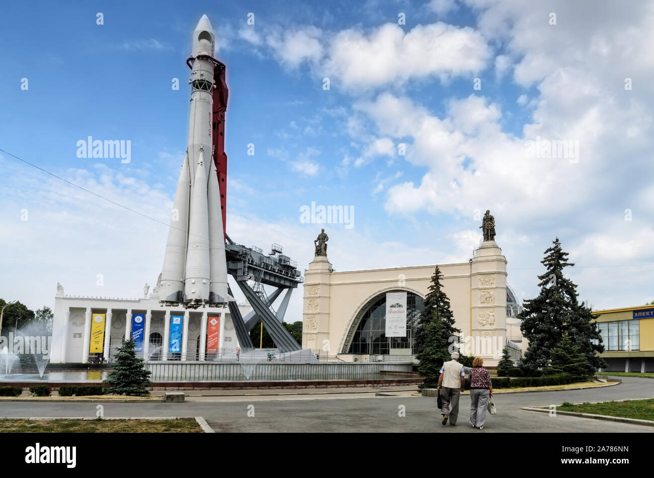 MOSCOW, RUSSIA - AUGUST 10 2014: Russian spaceship Vostok 1, monument of the first soviet rocket at VDNH. astronautics in USSR, history of Gagarin's f Stock Photo