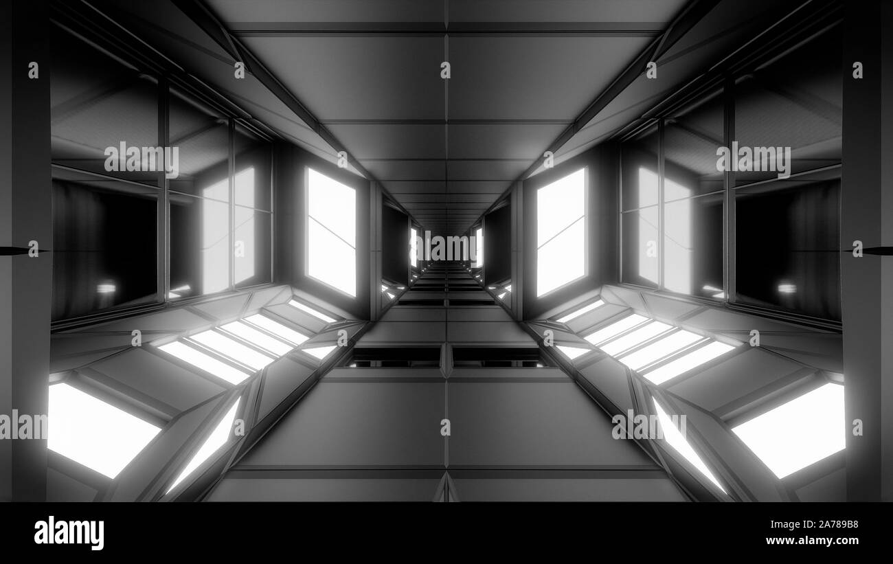 futuristic scifi technic space hangar tunnel corridor 3d illustration wallpaper background design Stock Photo