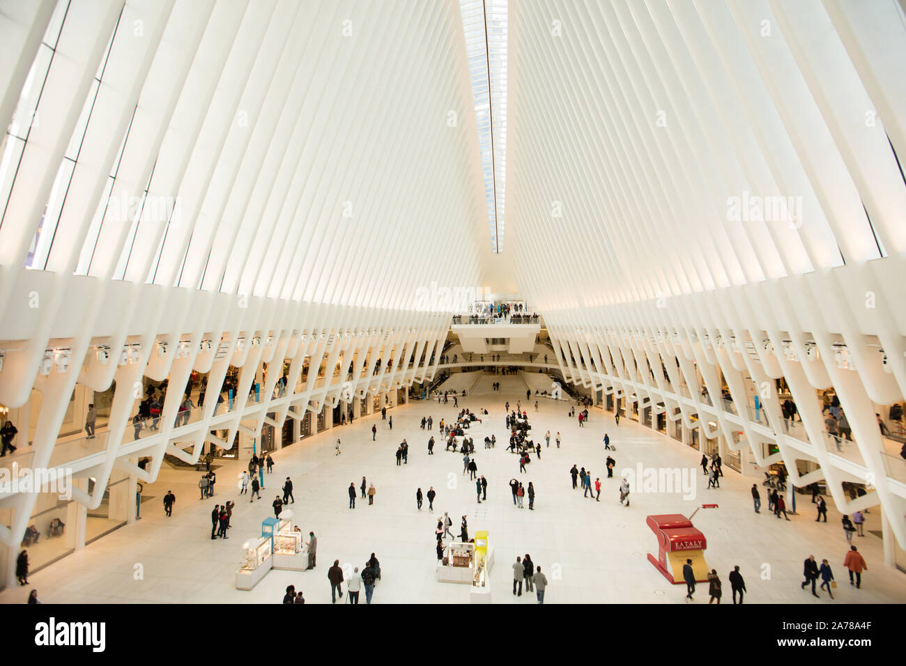 The interior of the Oculus, the landmark building for the New York's Port Authority Transportation Hub, at the World Trade Center Stock Photo