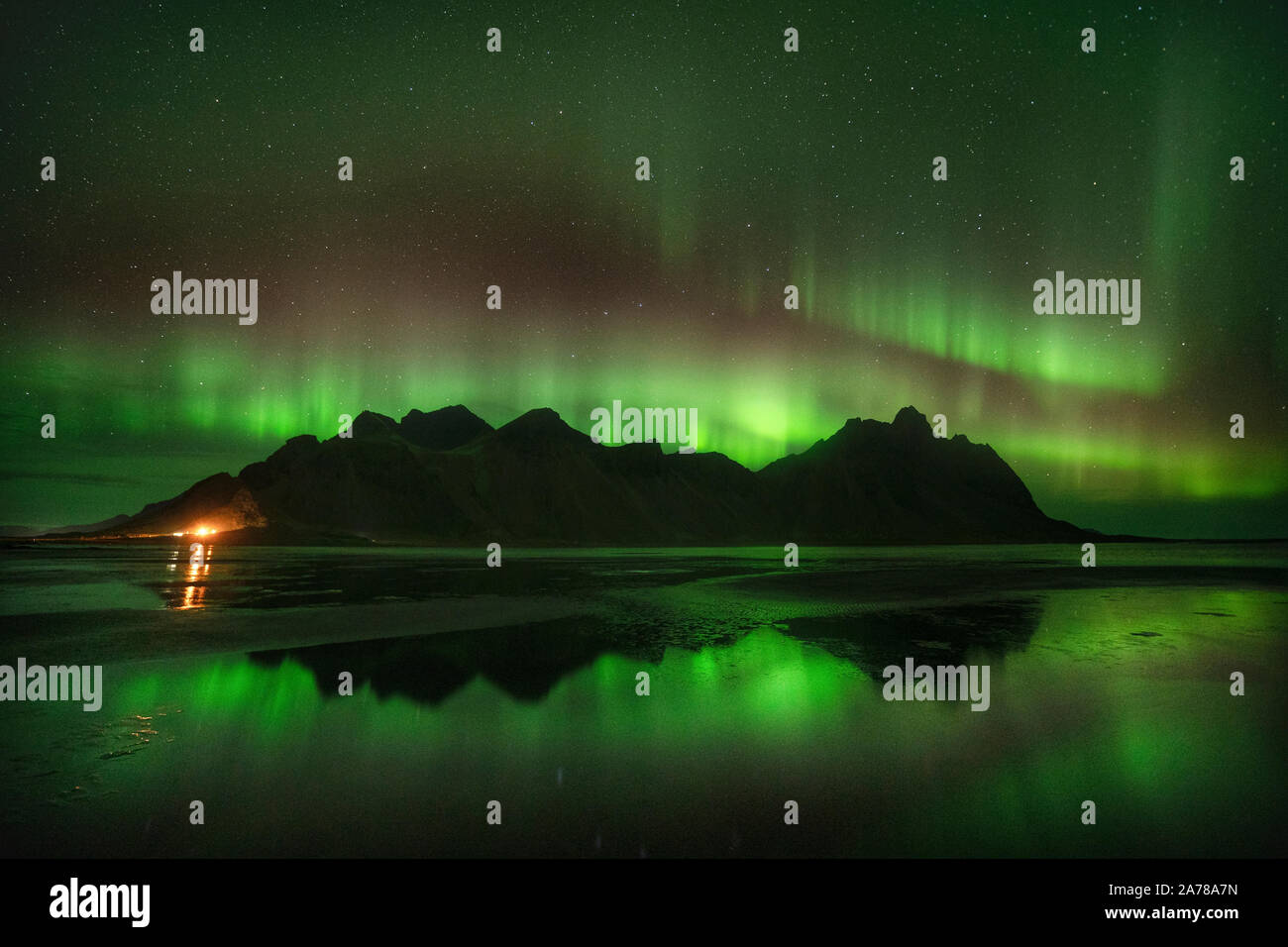 Aurora Borealis, the Northern Lights, over the Vestrahorn mountain in