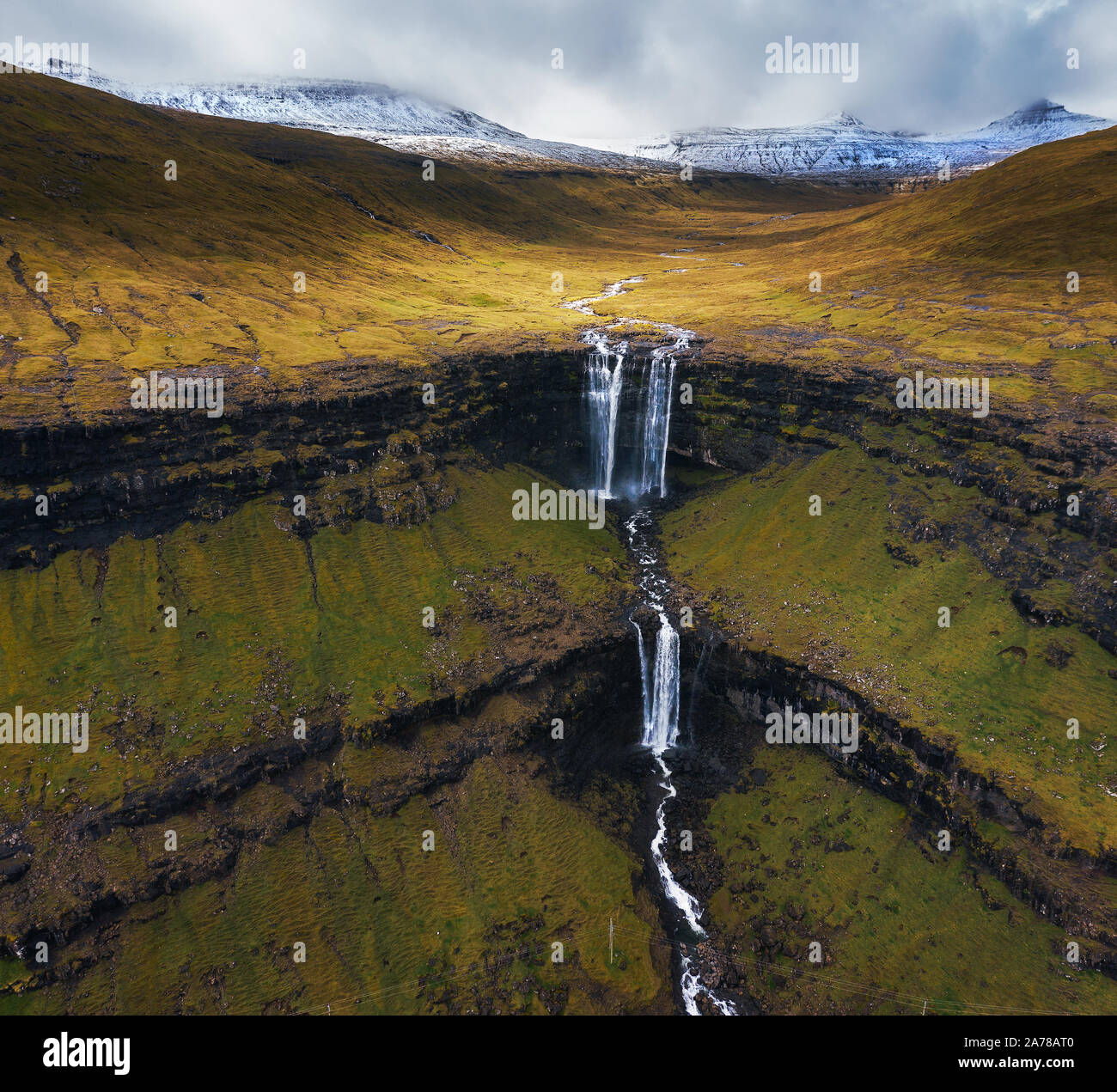 Aerial view of the Fossa Waterfall on island Bordoy in the Faroe ...