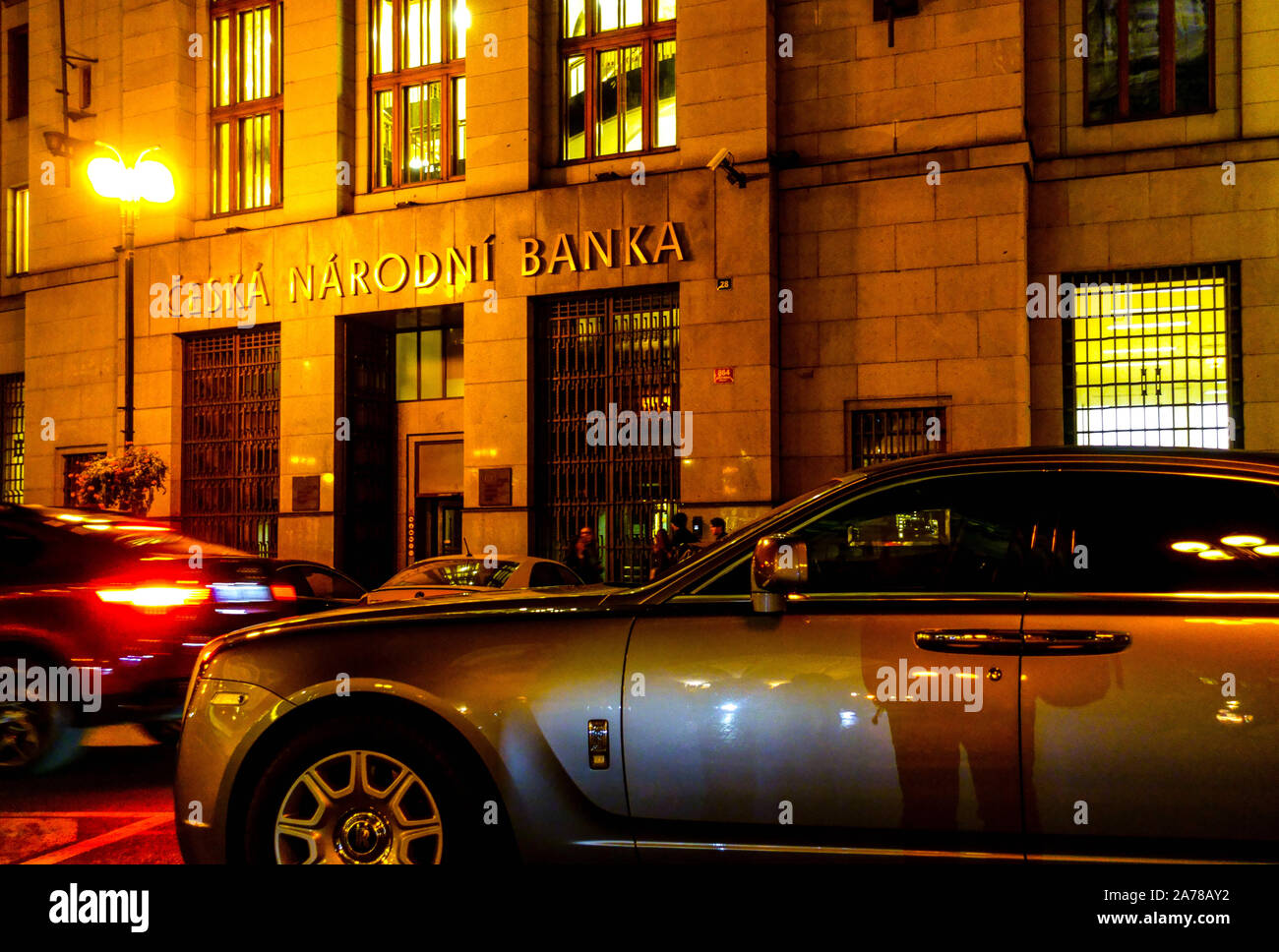 Rolls-Royce in front of Czech National Bank Na Prikope Street Prague Czech Republic Stock Photo