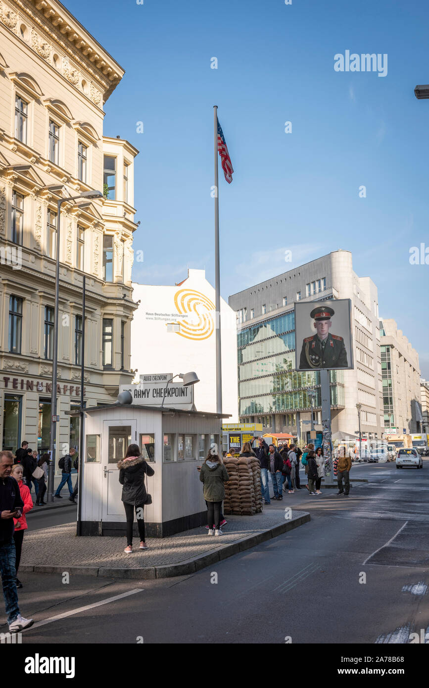 Checkpoint Charlie which was a boundary crossing point between East and West Berlin during the Cold War Stock Photo