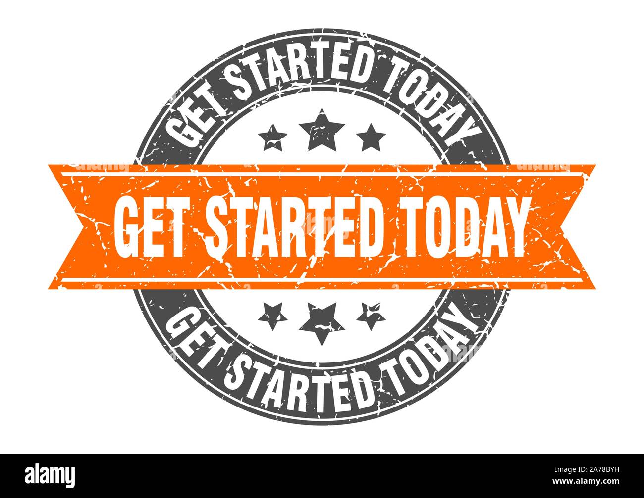 get started today round stamp with orange ribbon. get started today Stock Vector
