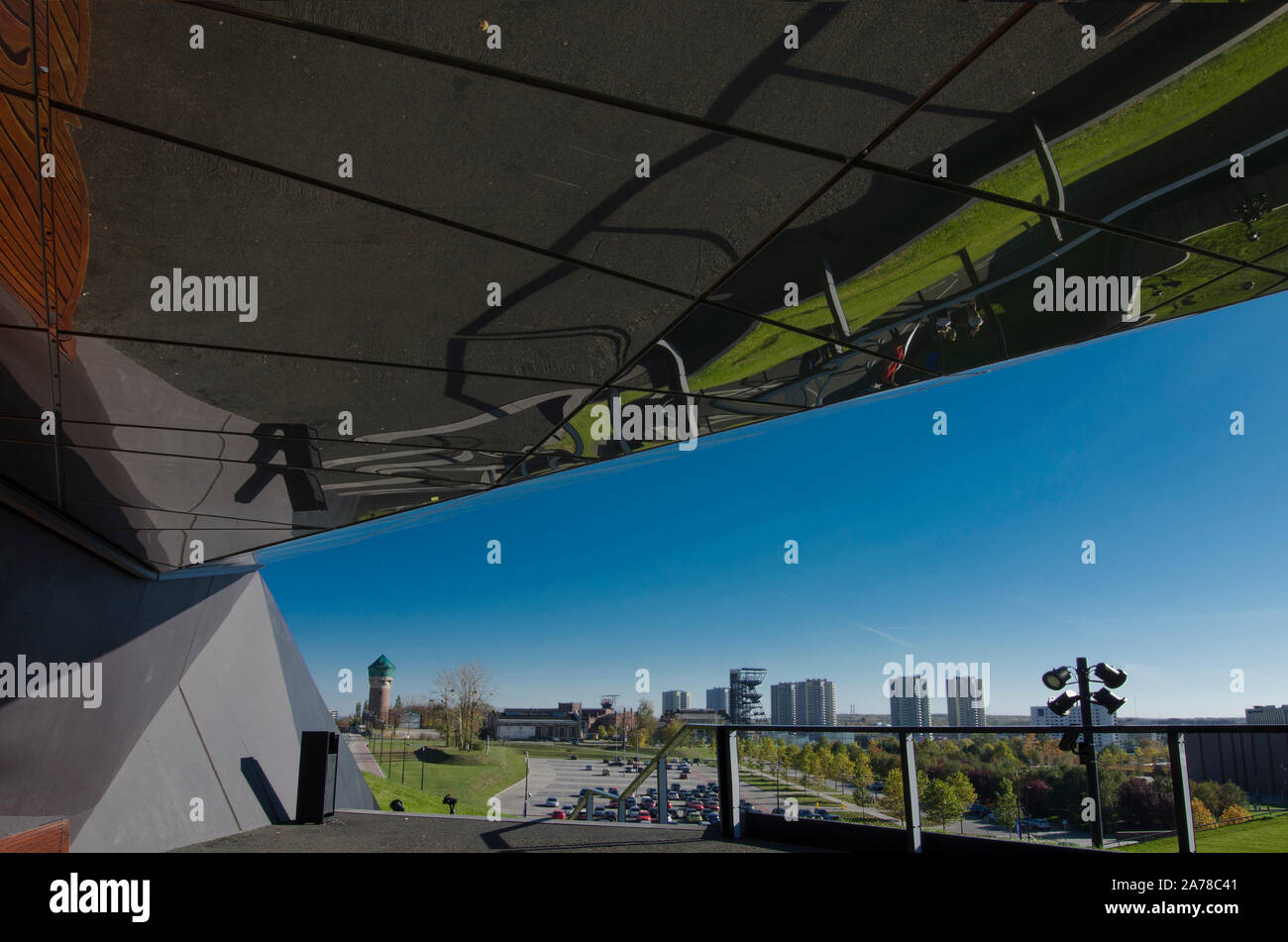 Katowice, Silesia, Poland; October 20, 2019: Mirror ceiling with reflection of city view on the terrace in Katowice culture zone Stock Photo